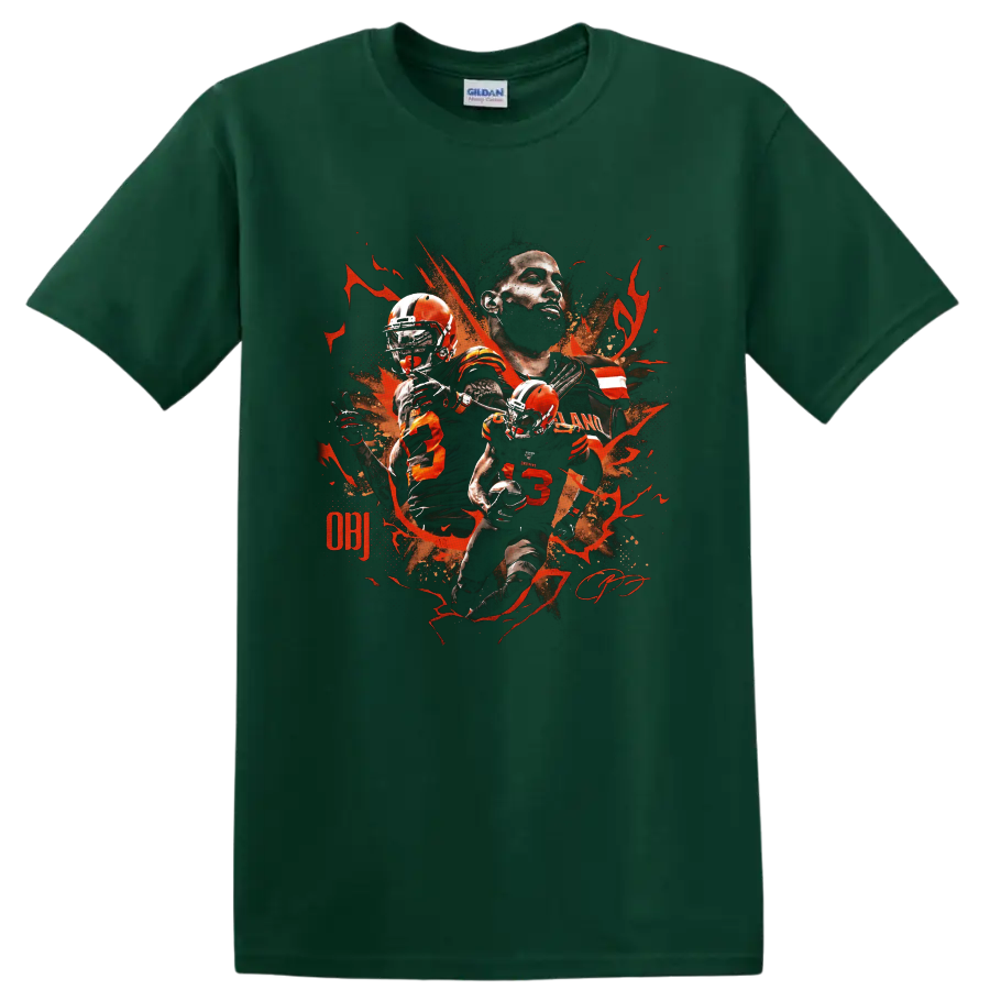 Odell Beckham Jr Cleveland Browns action portrait graphic with orange splatter on a Forest Green T Shirt