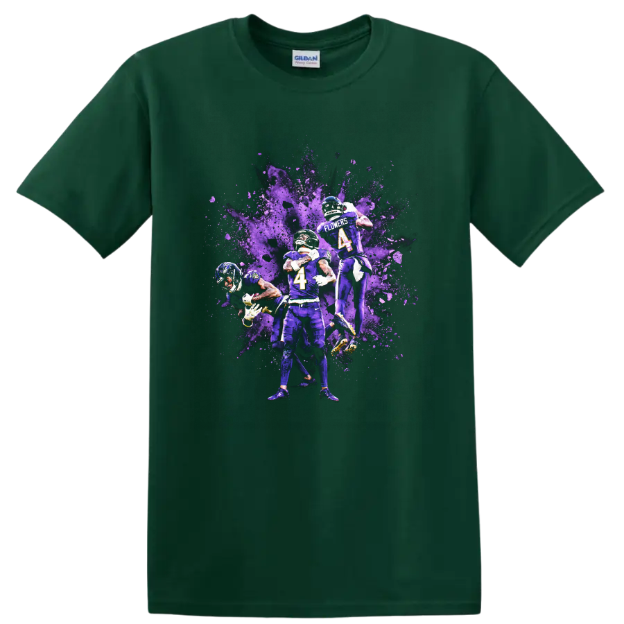 Zay Flowers Baltimore Ravens football action graphic with purple paint splash on a Forest Green T Shirt