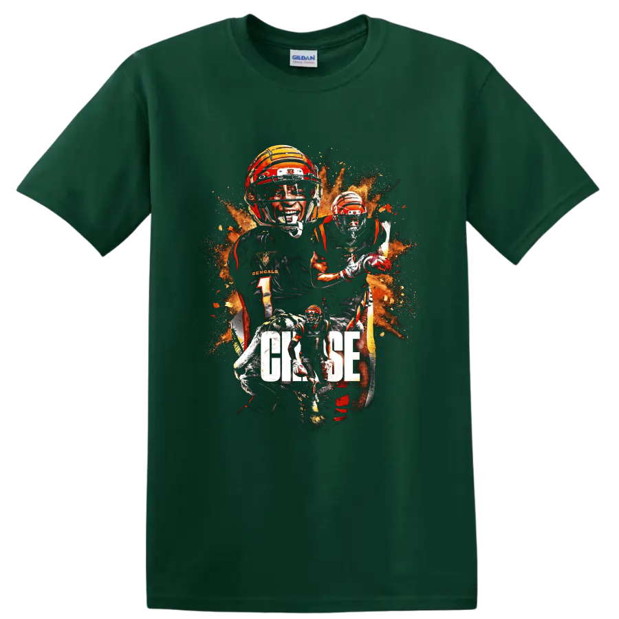 Ja'Marr Chase Bengals football collage with tiger, fiery splatter, and CHASE text on a Forest Green T Shirt