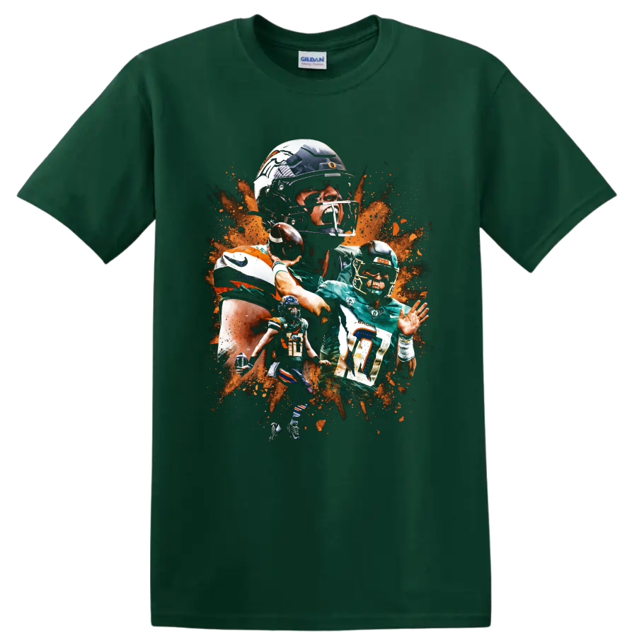 Bo Nix Denver Broncos quarterback collage with number 10 action poses and orange splatter on a Forest Green T Shirt
