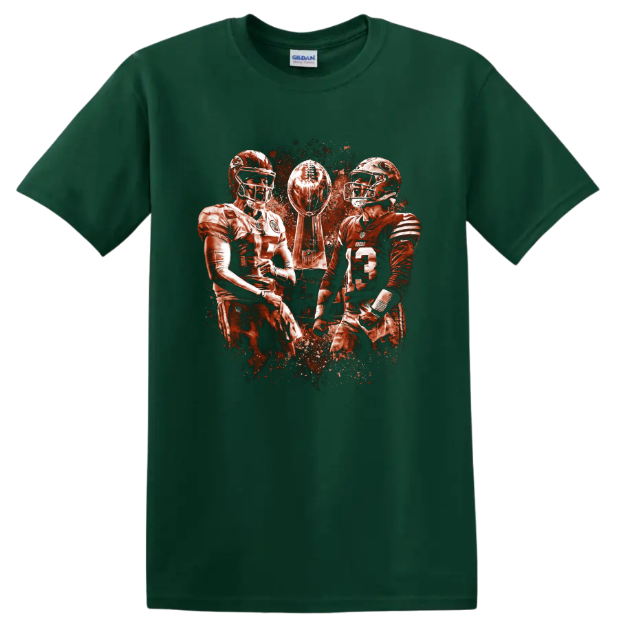 Patrick Mahomes and Brock Purdy with Lombardi Trophy in distressed football art on a Forest Green T Shirt