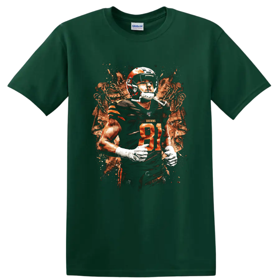David Njoku Cleveland Browns number 81 football player with distressed skeleton art on a Forest Green T Shirt