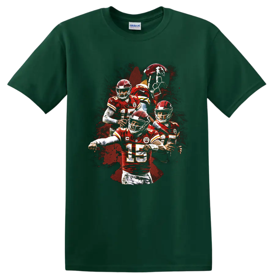 Patrick Mahomes Kansas City Chiefs number 15 action collage with red paint-splatter art on a Forest Green T Shirt