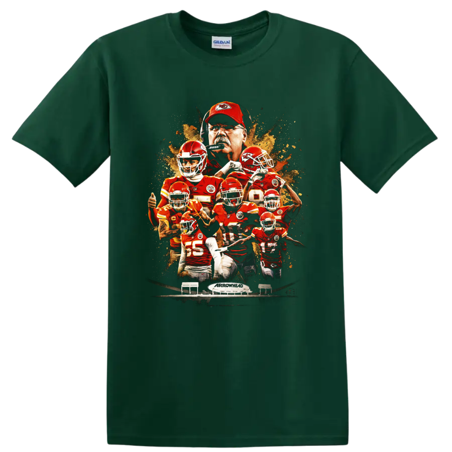 Kansas City Chiefs Mahomes and Reid paint-splatter football collage with Arrowhead on a Forest Green T Shirt