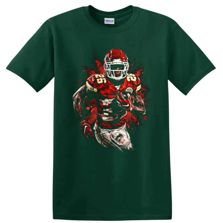Isiah Pacheco Kansas City Chiefs running back action graphic with paint splatter on a Forest Green T Shirt