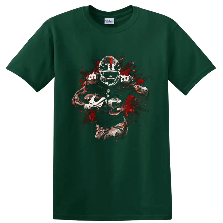 No. 25 football running back in gritty red splatter action artwork on a Forest Green T Shirt
