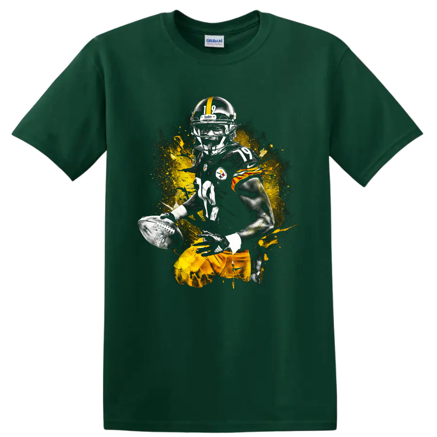 JuJu Smith-Schuster Pittsburgh Steelers number 19 football player splash graphic on a Forest Green T Shirt