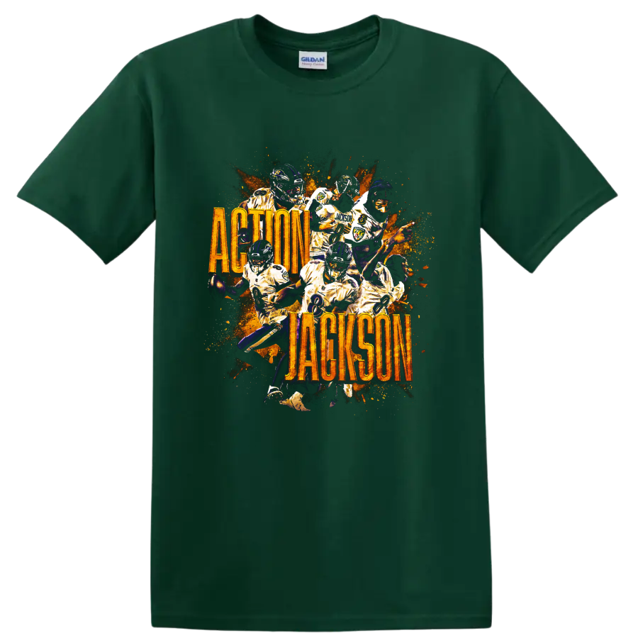 Lamar Jackson Ravens action collage with fiery splatter and Action Jackson text on a Forest Green T Shirt