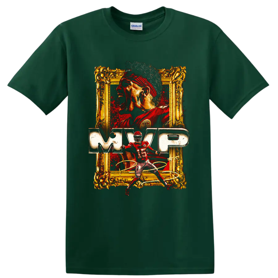 Patrick Mahomes Chiefs MVP graphic with number 15 action pose and ornate gold frame on a Forest Green T Shirt