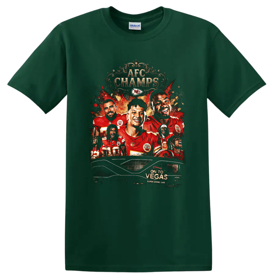 Kansas City Chiefs AFC CHAMPS player collage with On To Vegas Super Bowl LVIII on a Forest Green T Shirt