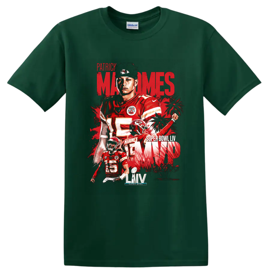 Patrick Mahomes Chiefs Super Bowl LIV MVP distressed football collage graphic on a Forest Green T Shirt