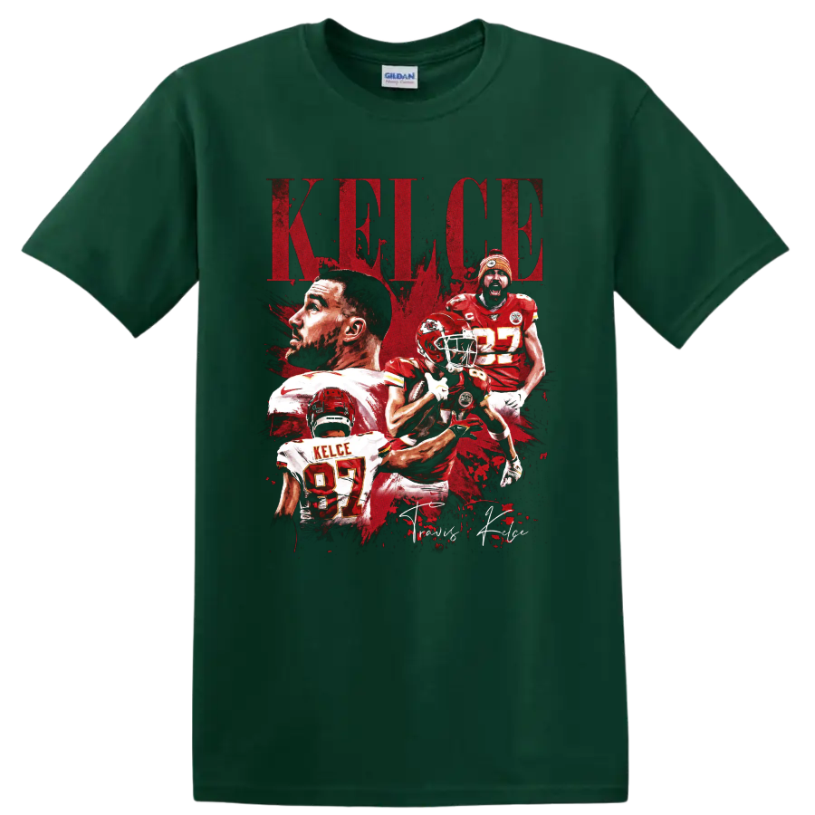Travis Kelce Chiefs No. 87 distressed football collage with KELCE lettering on a Forest Green T Shirt