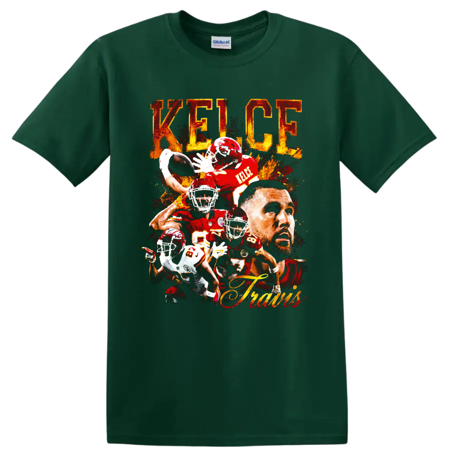 Travis Kelce Kansas City Chiefs football collage with distressed KELCE lettering on a Forest Green T Shirt