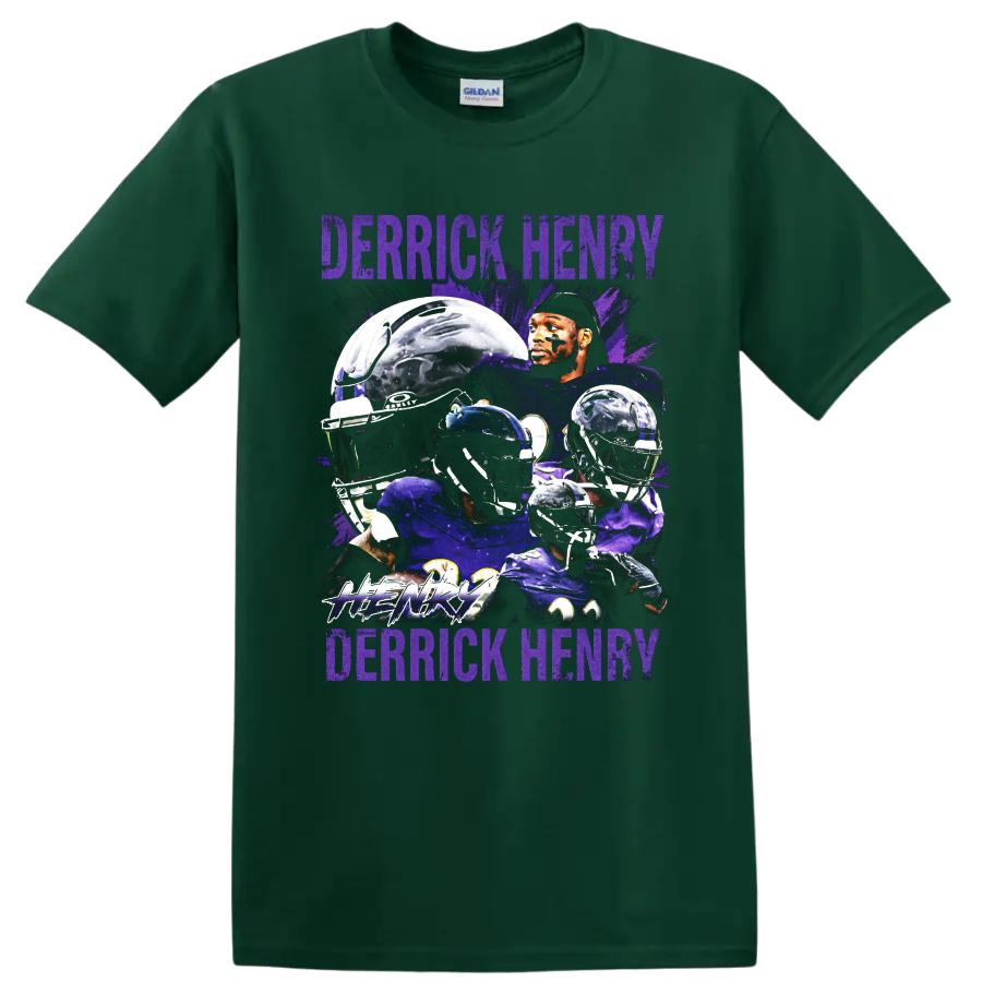 Derrick Henry Baltimore Ravens football collage with helmets and distressed purple text on a Forest Green T Shirt