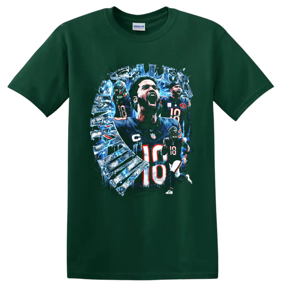 Caleb Williams Chicago Bears number 18 icy shattered football action collage on a Forest Green T Shirt