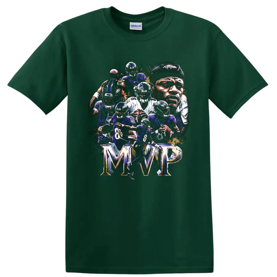 Lamar Jackson Baltimore Ravens MVP action collage with quarterbacks and bold MVP lettering on a Forest Green T Shirt