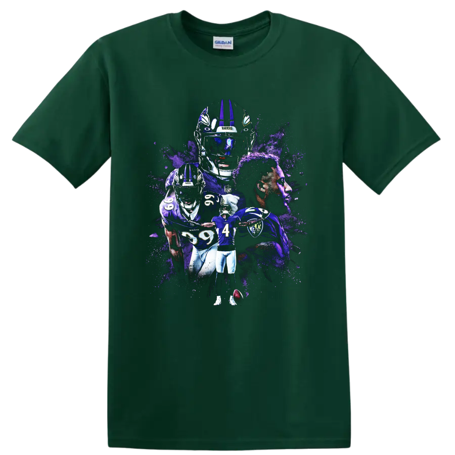 Zay Flowers Baltimore Ravens wide receiver purple paint-splatter football collage on a Forest Green T Shirt