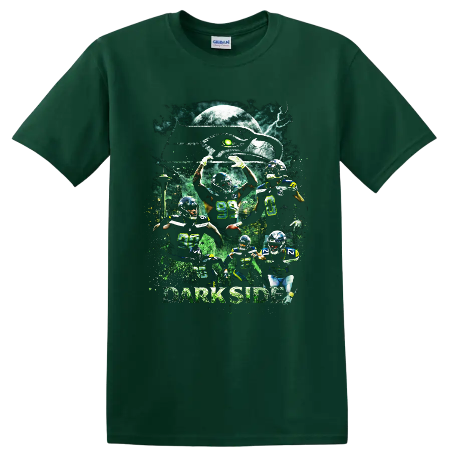 Seattle Seahawks Dark Side football player collage with moon, lightning, and skyline on a Forest Green T Shirt