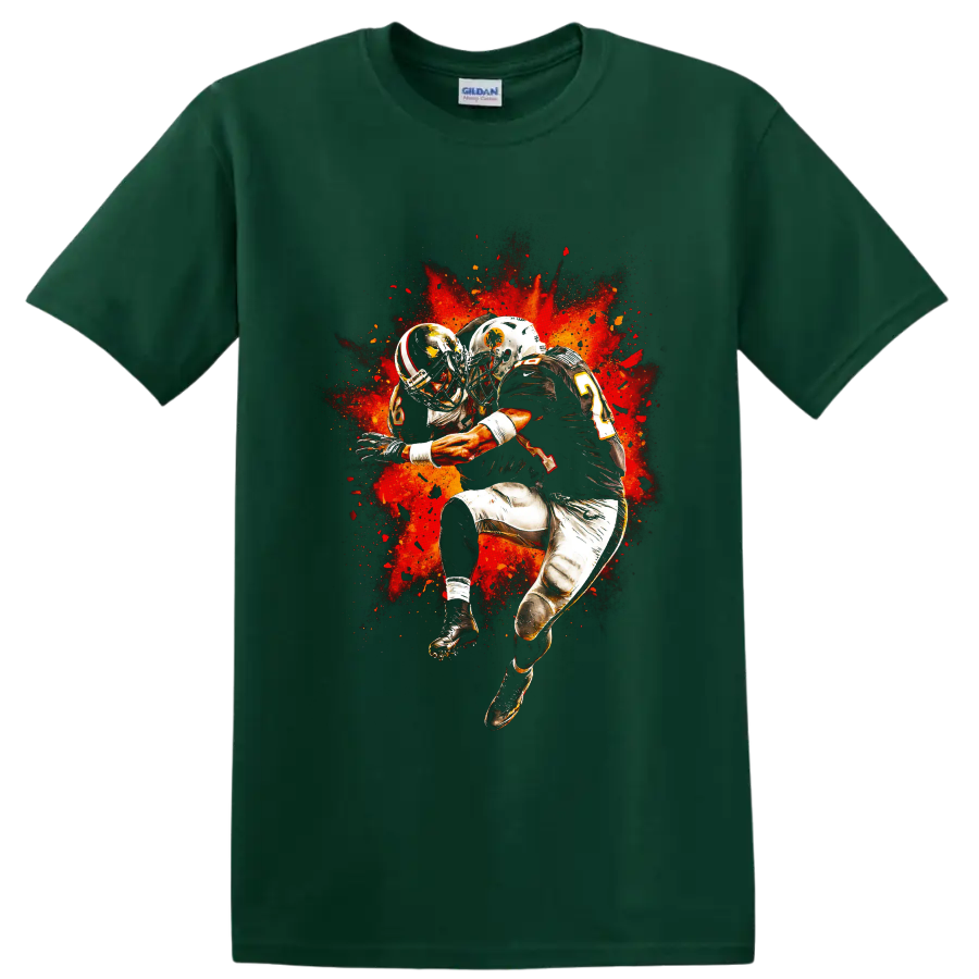 American football players colliding in fiery red-orange splatter action art on a Forest Green T Shirt