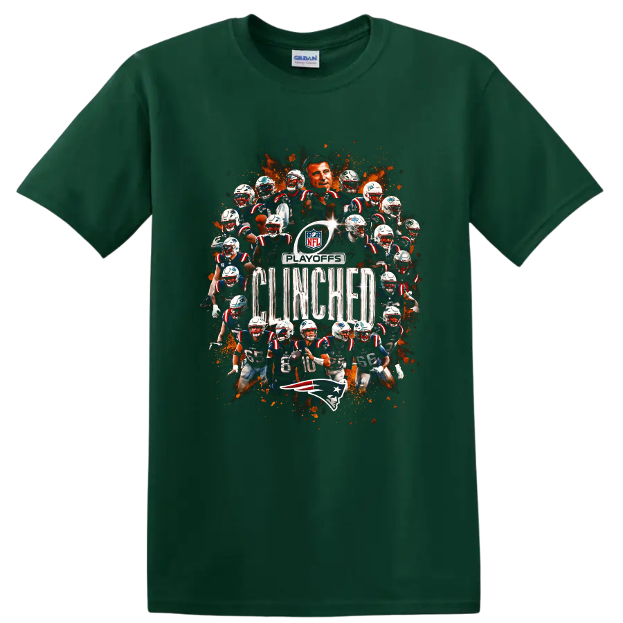 Bill Belichick and New England Patriots playoffs clinched football collage on a Forest Green T Shirt