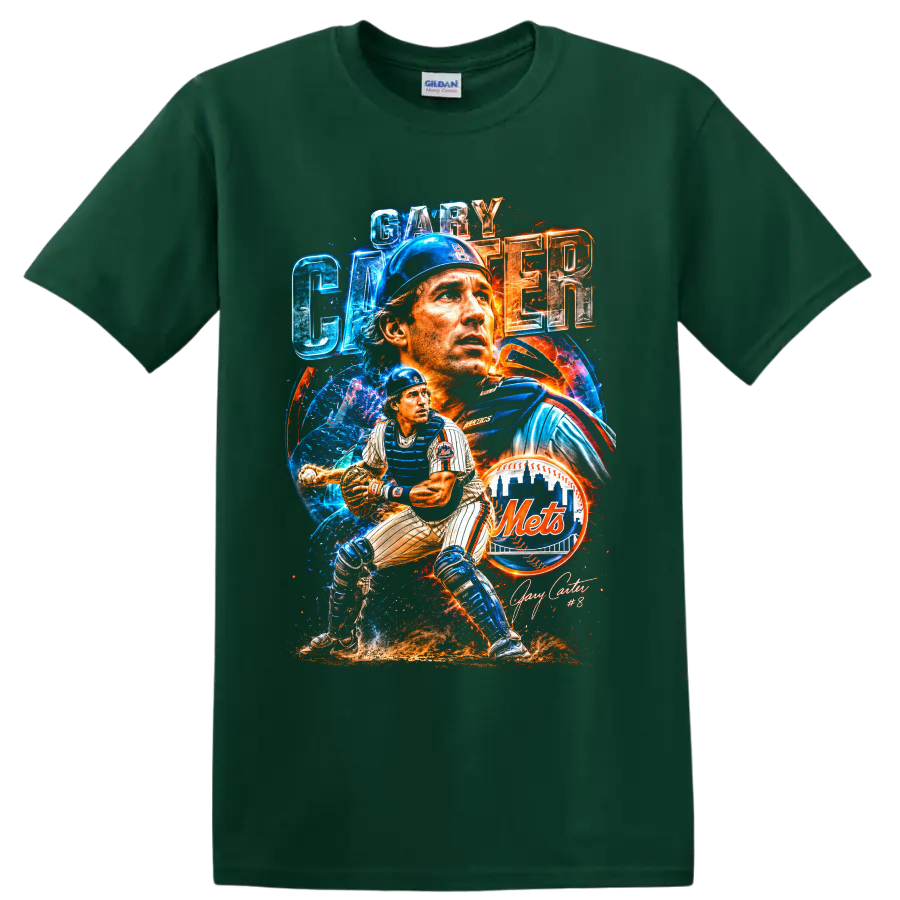 Gary Carter New York Mets catcher portrait and action baseball collage on a Forest Green T Shirt