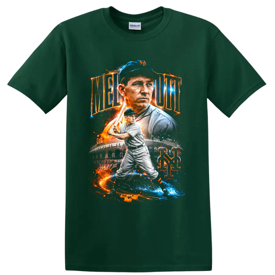 Mel Ott New York Giants portrait and batting graphic with vintage ballpark and NY monogram on a Forest Green T Shirt