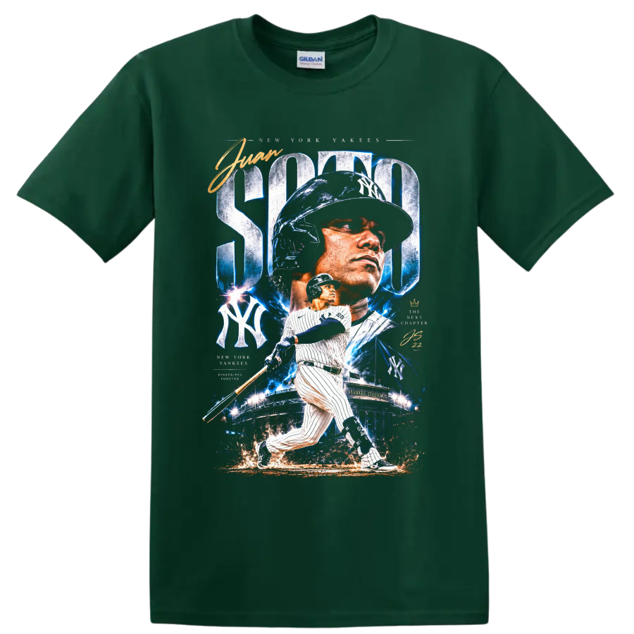 Juan Soto New York Yankees batting action graphic with Yankee Stadium and blue effects on a Forest Green T Shirt