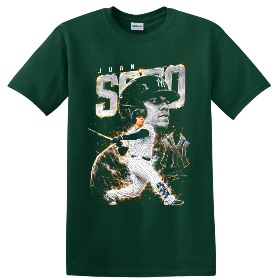 Juan Soto New York Yankees portrait and batting action graphic with SOTO and NY monogram on a Forest Green T Shirt