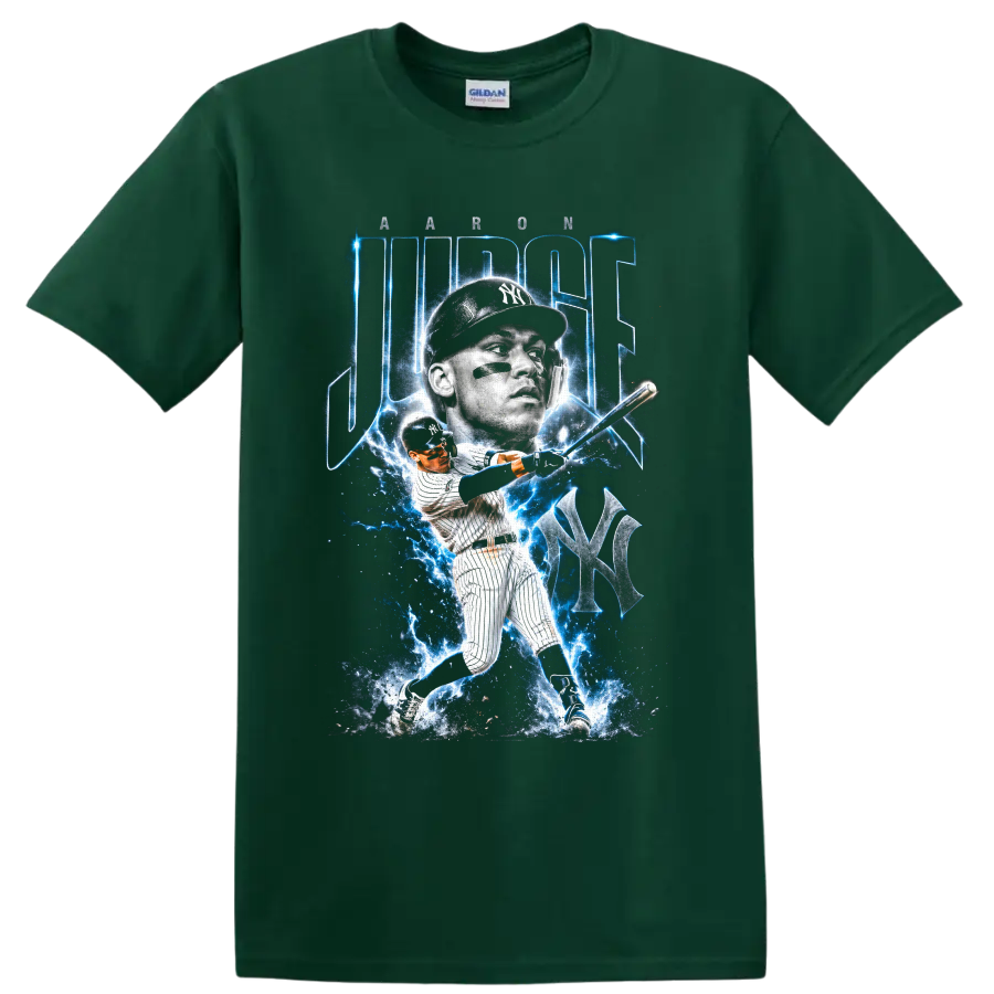 Aaron Judge New York Yankees electric blue baseball portrait and swinging action graphic on a Forest Green T Shirt