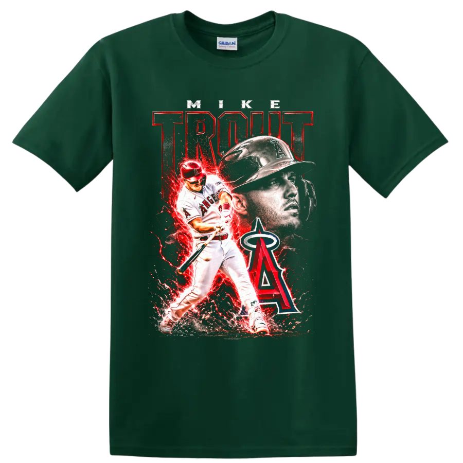 Mike Trout Los Angeles Angels action baseball art with helmet portrait and red energy on a Forest Green T Shirt
