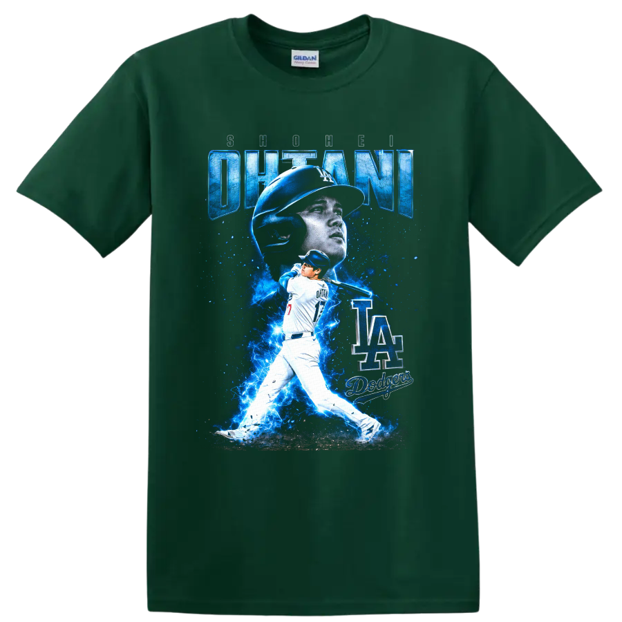 Shohei Ohtani Dodgers number 17 batting graphic with blue lightning and LA lettering on a Forest Green T Shirt