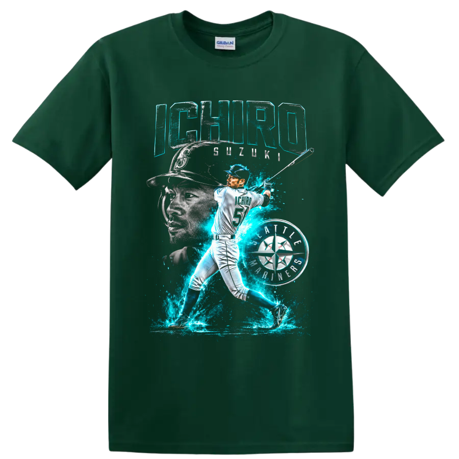 Ichiro Suzuki Seattle Mariners batting portrait with neon teal energy and number 51 on a Forest Green T Shirt