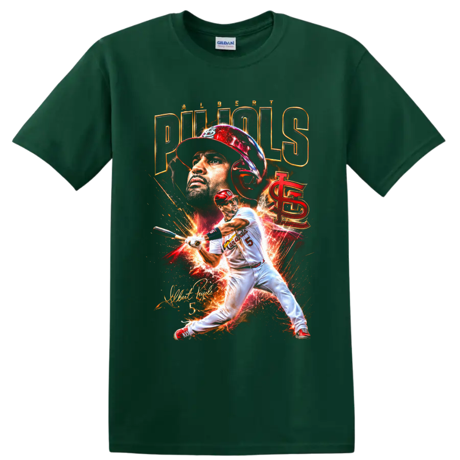 Albert Pujols Cardinals batting graphic with portrait, fiery effects, and signature on a Forest Green T Shirt