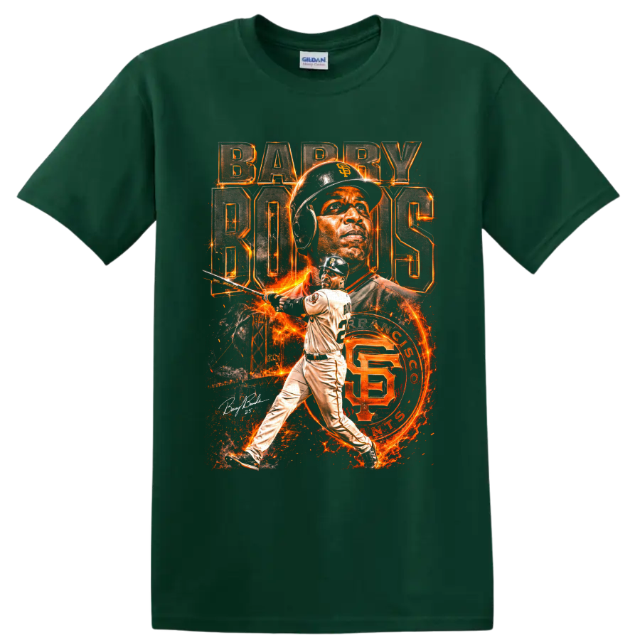Barry Bonds San Francisco Giants fiery portrait and batting collage with BARRY BONDS text on a Forest Green T Shirt