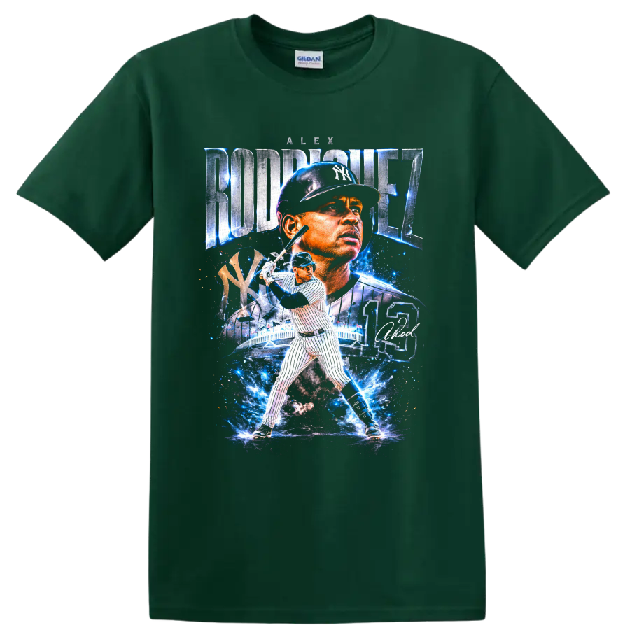 Alex Rodriguez Yankees No. 13 baseball collage with electric blue stadium effects on a Forest Green T Shirt