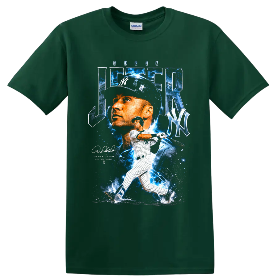 Derek Jeter Yankees portrait and batting graphic with blue stadium effects on a Forest Green T Shirt