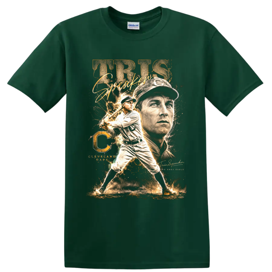 Tris Speaker Cleveland Naps vintage baseball portrait and batting graphic on a Forest Green T Shirt