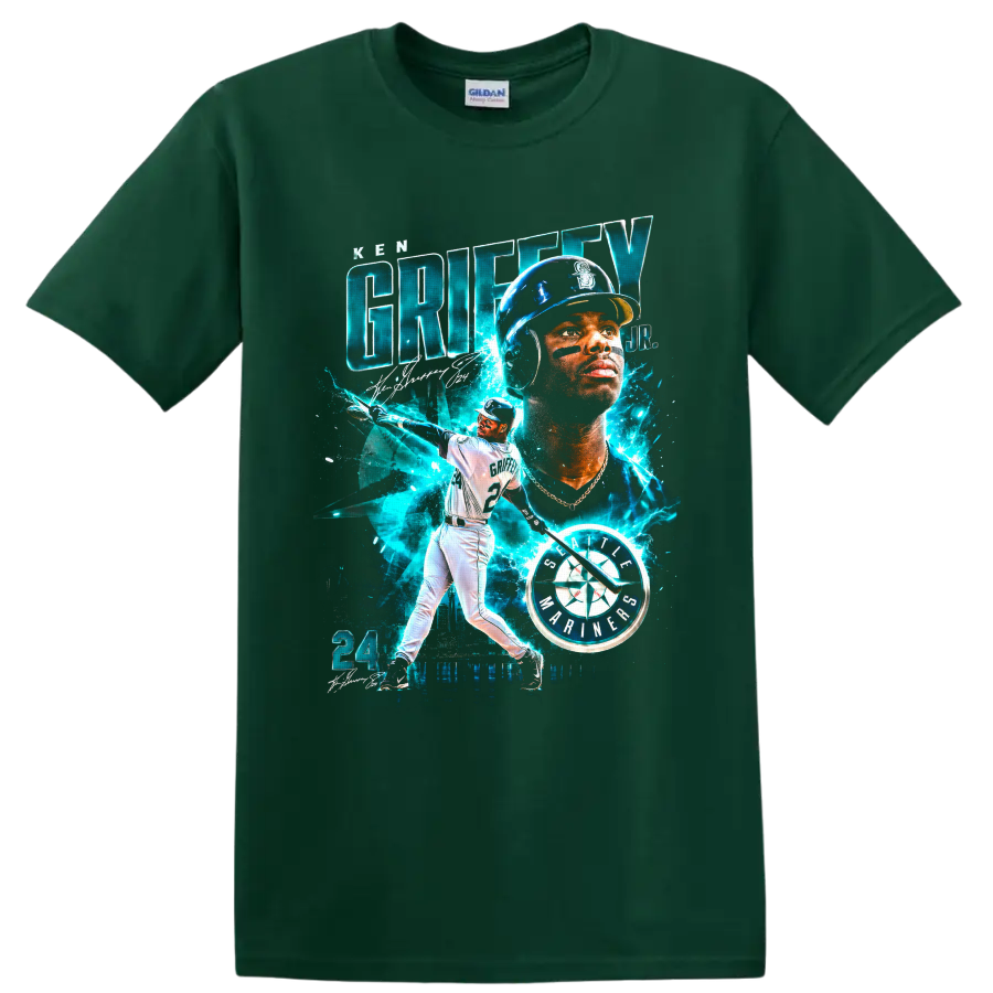 Ken Griffey Jr. Seattle Mariners batting portrait with number 24 and teal electric on a Forest Green T Shirt