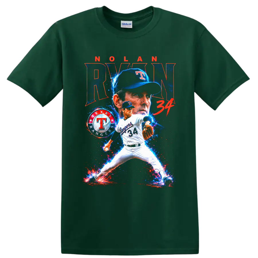 Nolan Ryan Texas Rangers No. 34 pitcher graphic with cosmic blue and red effects on a Forest Green T Shirt
