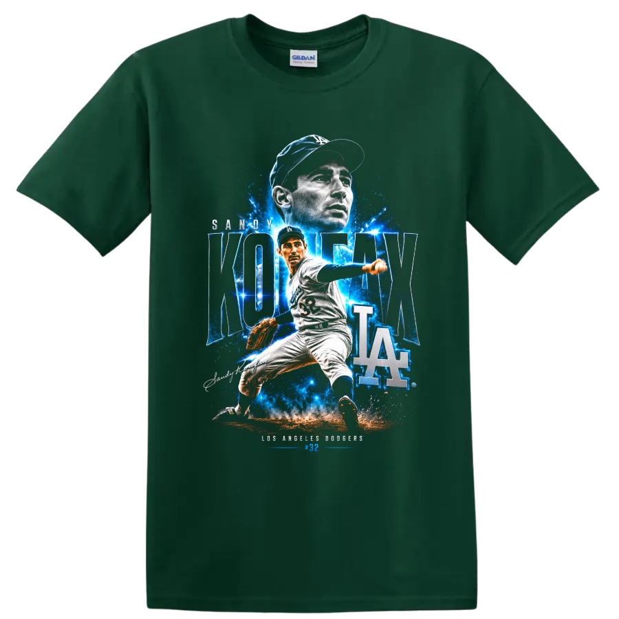 Sandy Koufax Dodgers pitcher collage with KOUFAX lettering, number 32, and LA logo on a Forest Green T Shirt
