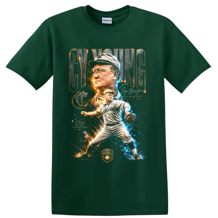 Cy Young Cleveland pitcher collage with vintage lettering and blue-gold sparks on a Forest Green T Shirt