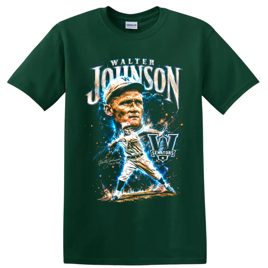 Walter Johnson Washington Senators pitcher portrait and action graphic on a Forest Green T Shirt