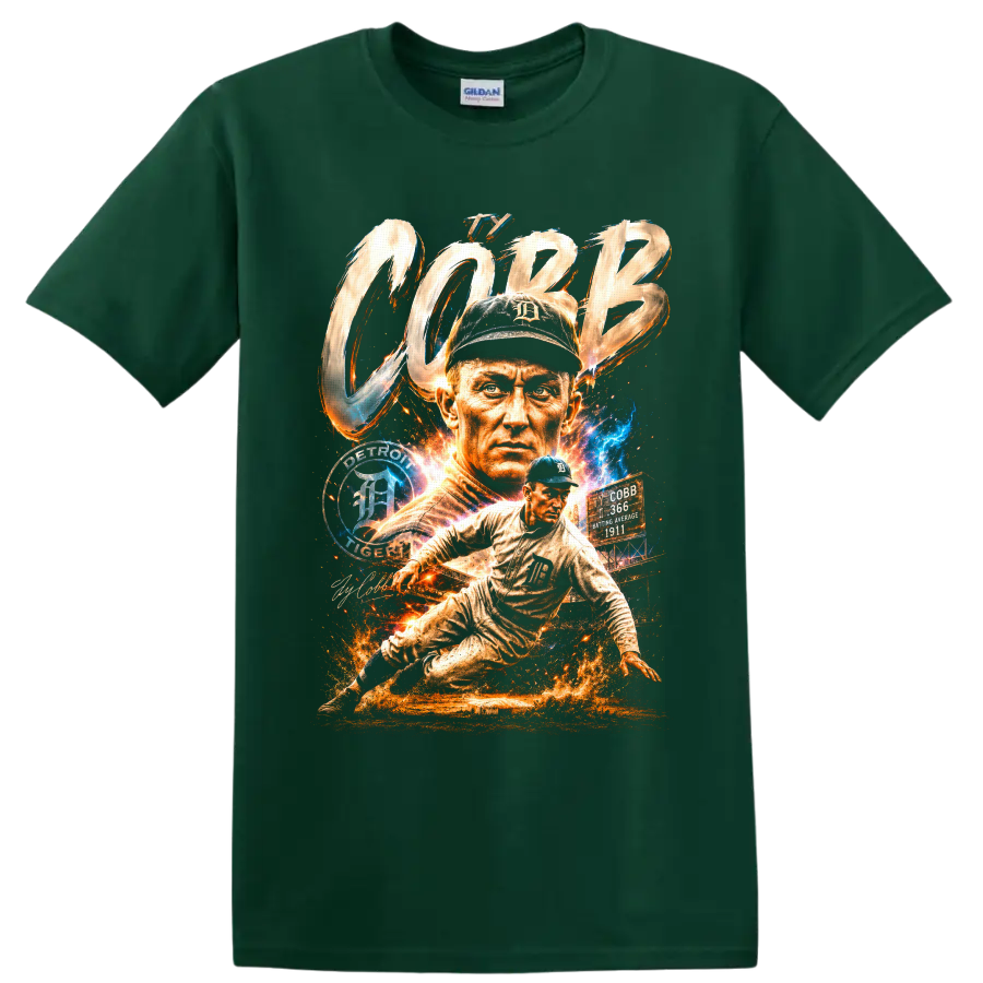 Ty Cobb Detroit Tigers portrait and sliding baseball player graphic with COBB lettering on a Forest Green T Shirt