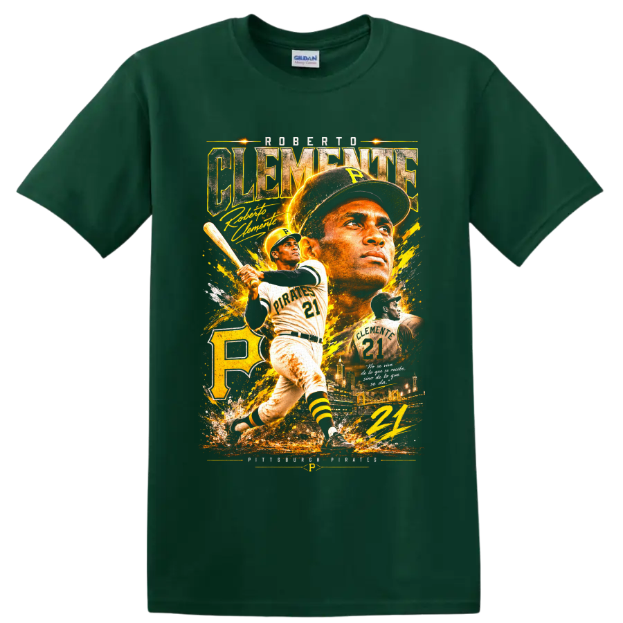 Roberto Clemente Pittsburgh Pirates number 21 vintage gold baseball collage on a Forest Green T Shirt