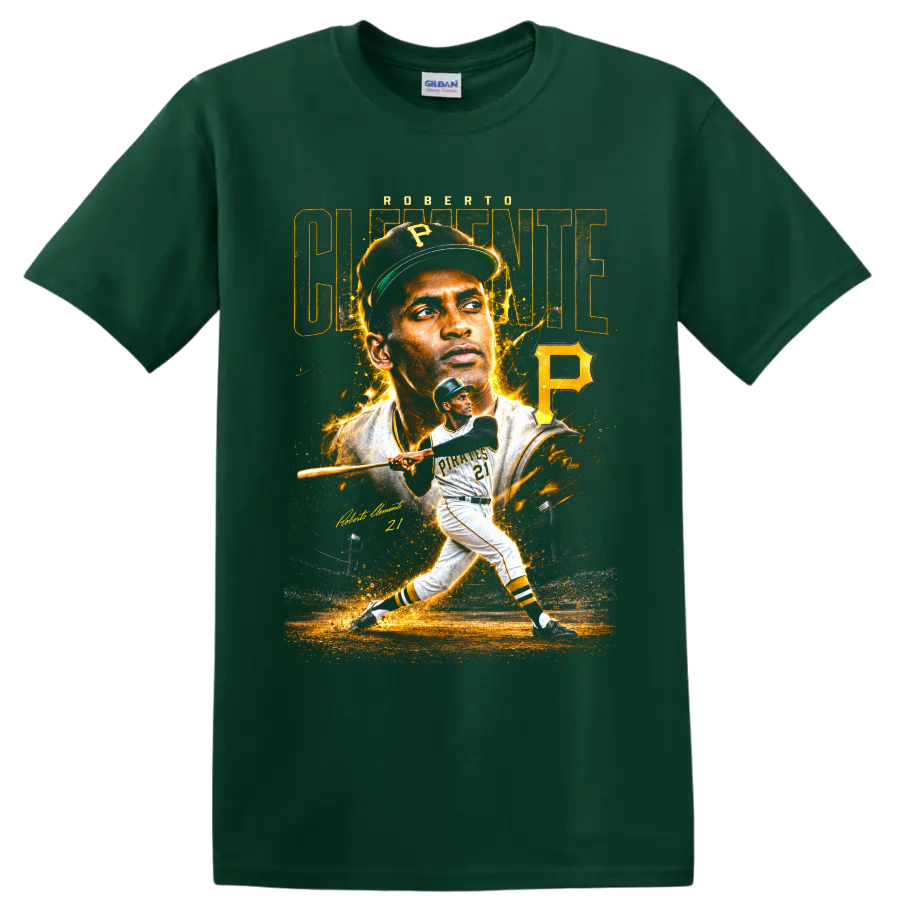 Roberto Clemente Pittsburgh Pirates portrait and batting graphic with number 21 on a Forest Green T Shirt