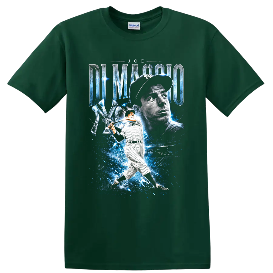 Joe DiMaggio Yankees portrait and batting pose with blue energy baseball graphic on a Forest Green T Shirt