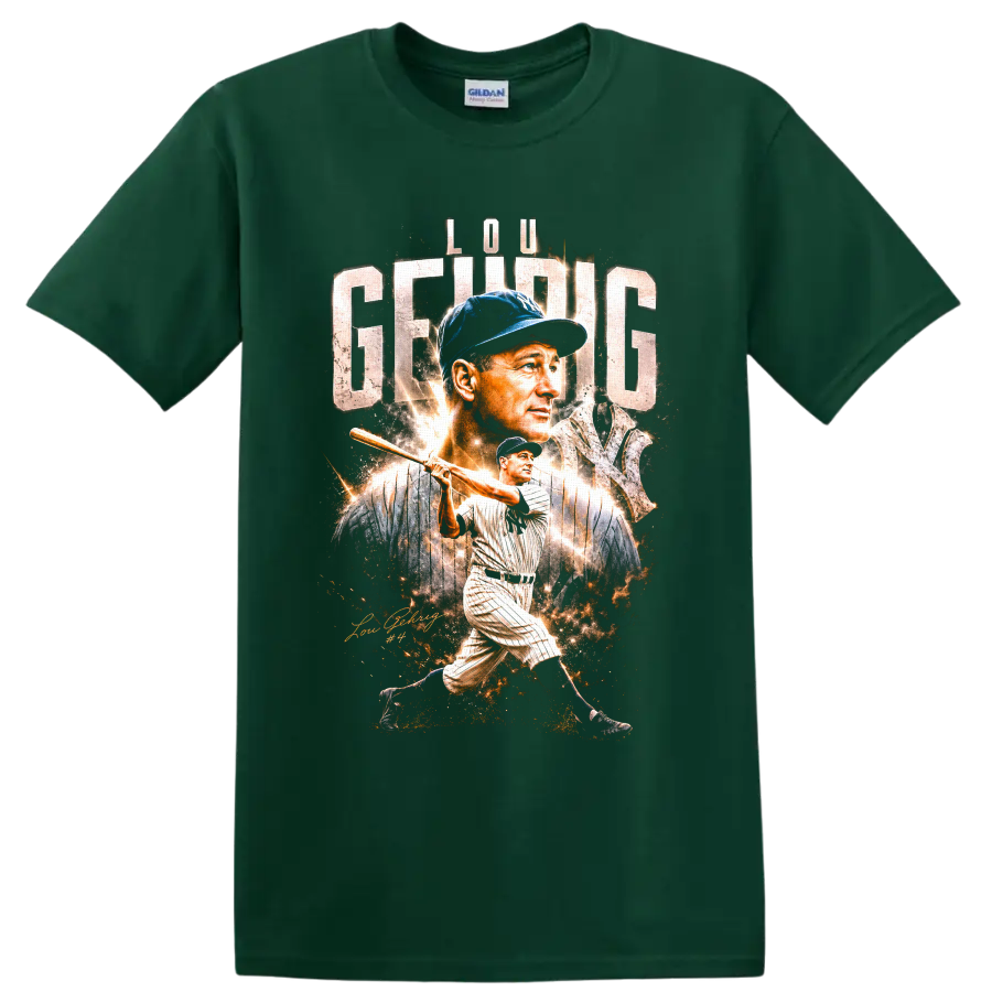 Lou Gehrig Yankees portrait and batting graphic with distressed lettering and number 4 on a Forest Green T Shirt