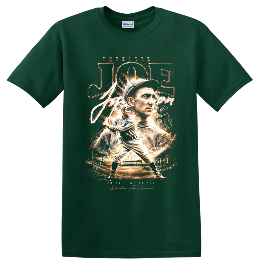 Shoeless Joe Jackson Chicago White Sox vintage portrait and batting baseball graphic on a Forest Green T Shirt