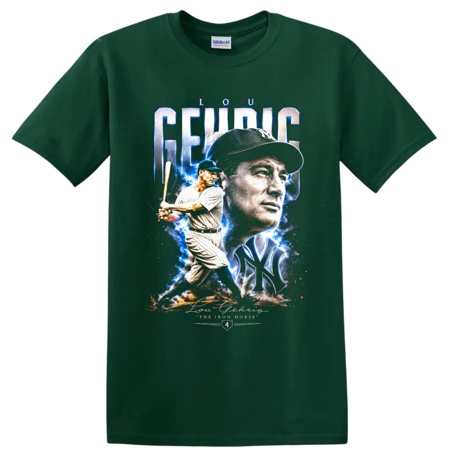 Lou Gehrig Yankees portrait and batting collage with Iron Horse text on a Forest Green T Shirt