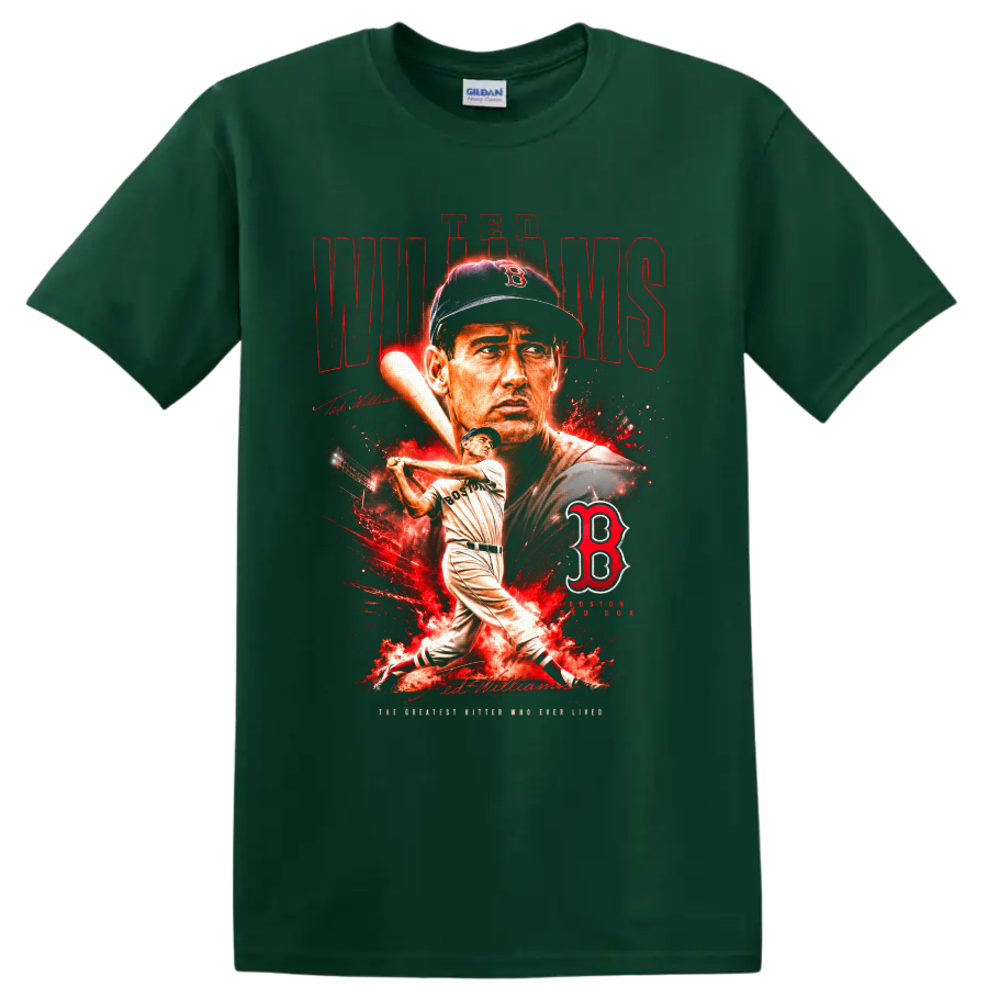 Ted Williams Boston Red Sox portrait and batting graphic with distressed red lettering on a Forest Green T Shirt